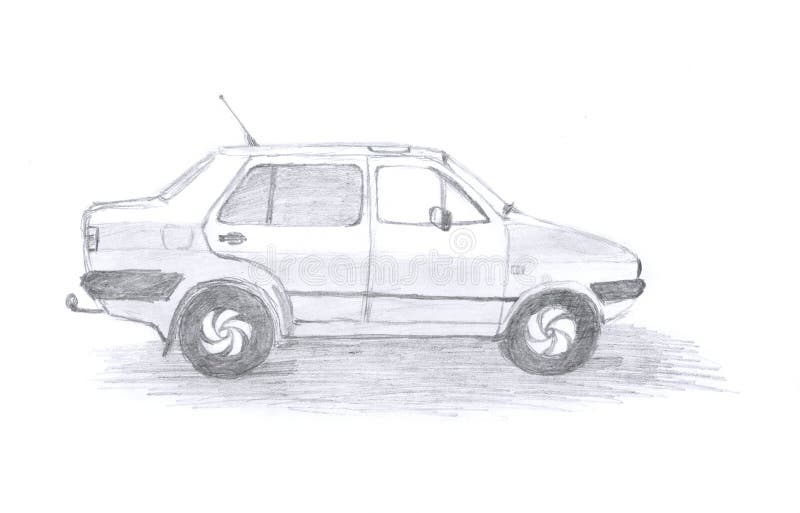 Car concept, sketch. Little retro car, sketch, kid`s drawing by pencil vector illustration