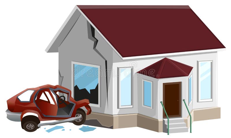 Car crash. Auto crashed into wall at home. Property insurance royalty free illustration Car crash. Auto crashed into wall at home. Property insurance royalty free illustration