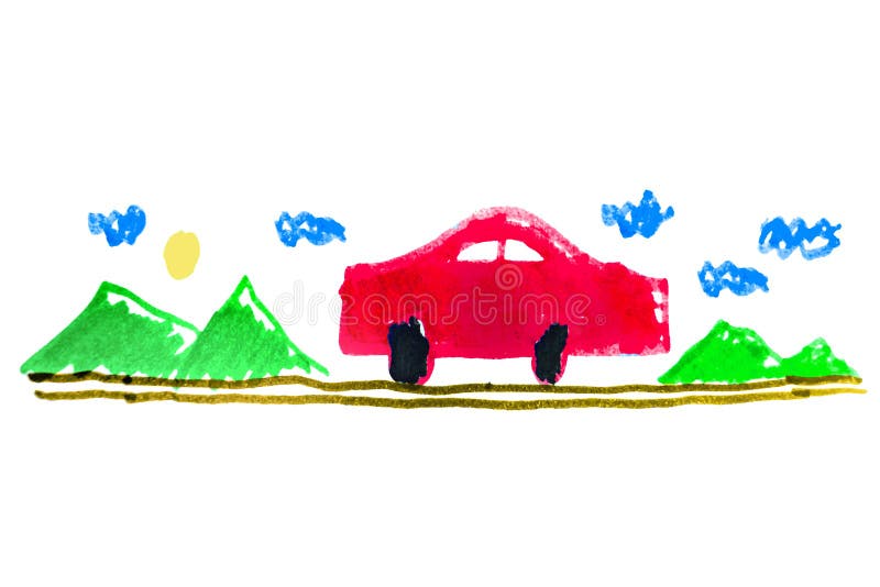 Car on the Road Kid Drawing. Kid drawing depicting a car on the road with landscape at background vector illustration