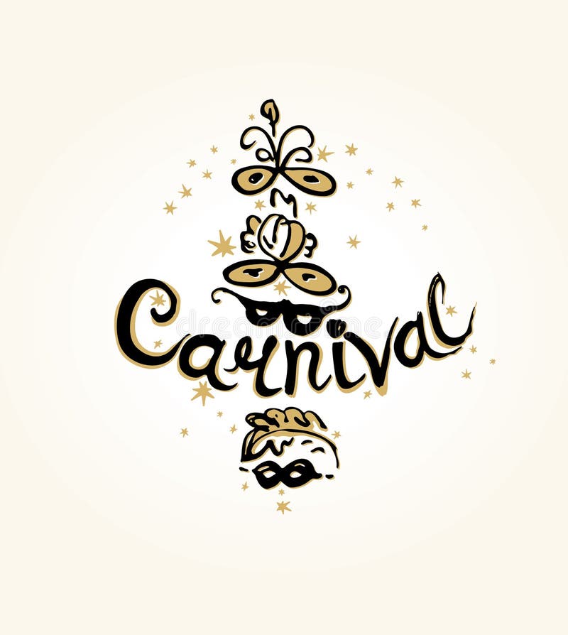 Carnival hand draw logo with masks. Handwritten template black and gold beautiful masks with feathers. Vector illustration vector illustration