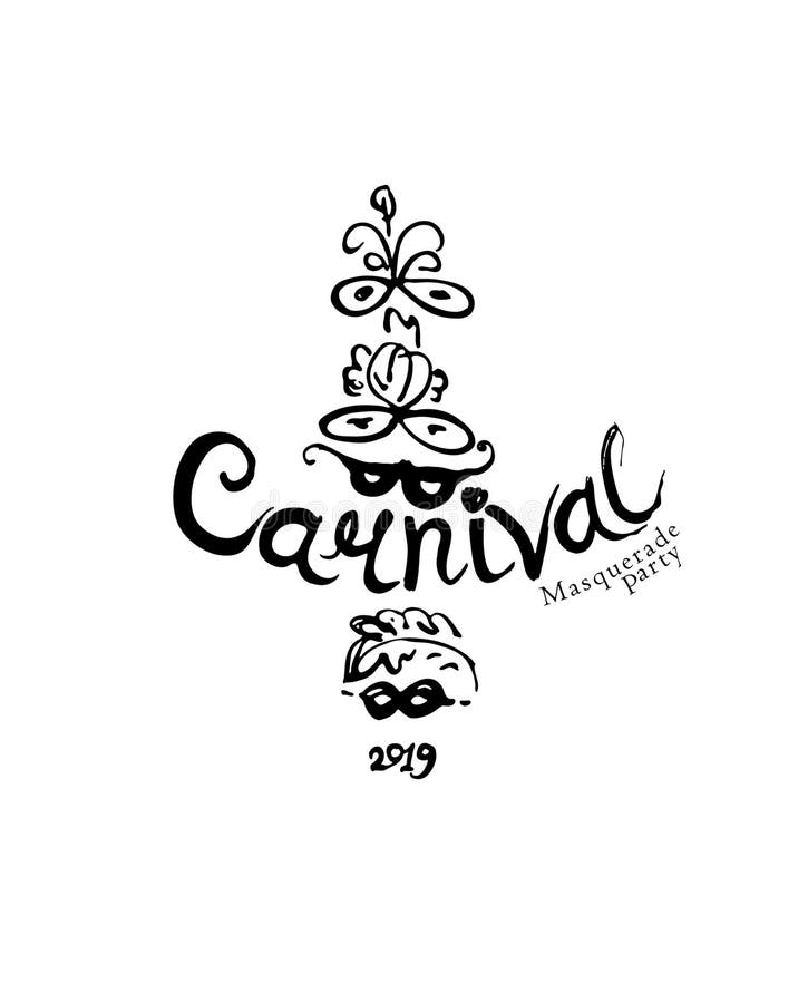 Carnival hand draw logo with masks. Vector black illustration inscription and masks. Beautiful masks with feathers royalty free illustration