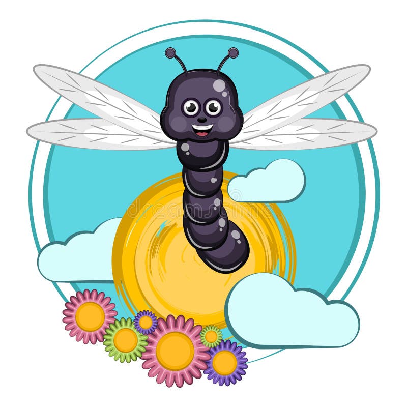 Cartoon of a cute happy dragonfly. With flowers - Vector vector illustration