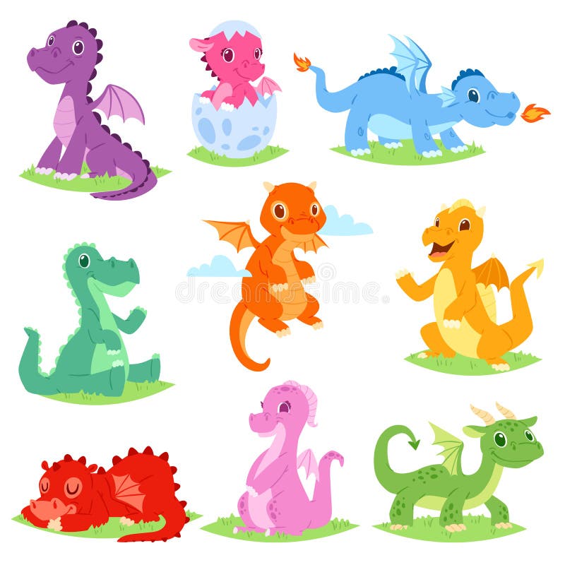 Cartoon dragon vector cute dragonfly or baby dinosaur illustration set of dino characters from from kids fairytale. Isolated on white background royalty free illustration