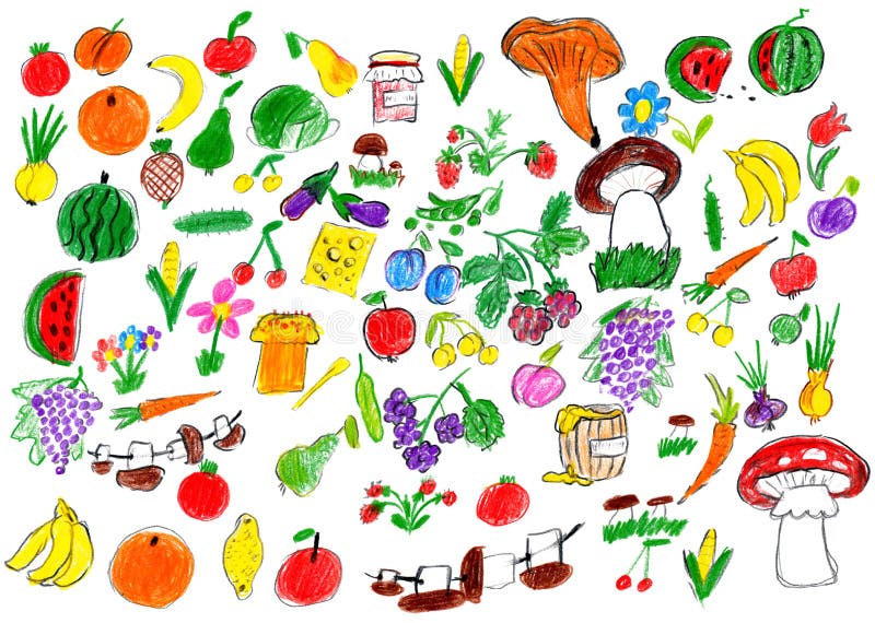Cartoon food collection, fruit and vegetables, child drawing object set on paper, hand drawn art picture vector illustration Cartoon food collection, fruit and vegetables, child drawing object set on paper, hand drawn art picture vector illustration