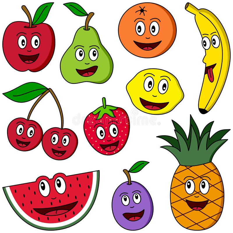 Cartoon Fruit Collection. Collection of ten funny cartoon fruits (apple, pear, orange, banana, cherries, strawberry, lemon, watermelon, plum and pineapple) vector illustration