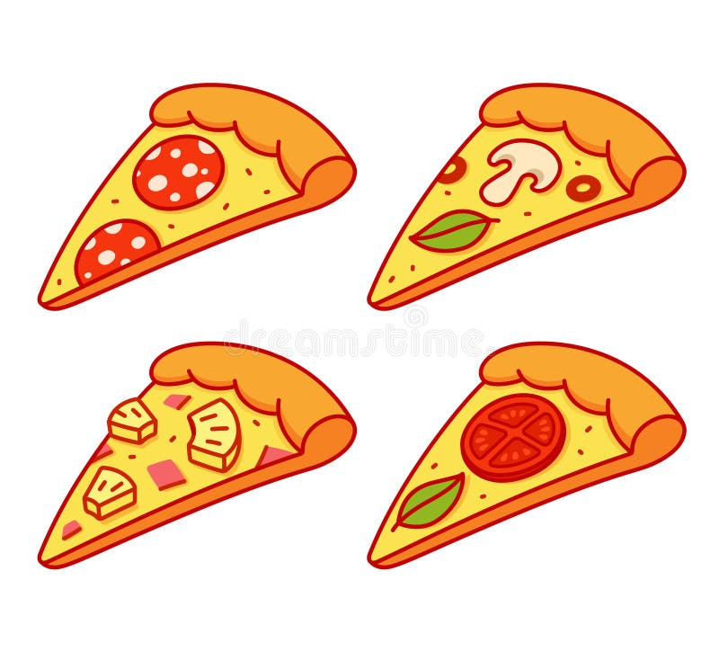 Cartoon pizza slice set. Cartoon pizza slice illustration set. Pepperoni, Hawaiian pineapple and ham, Margherita tomato and basil and vegetarian pizza. Isolated vector illustration