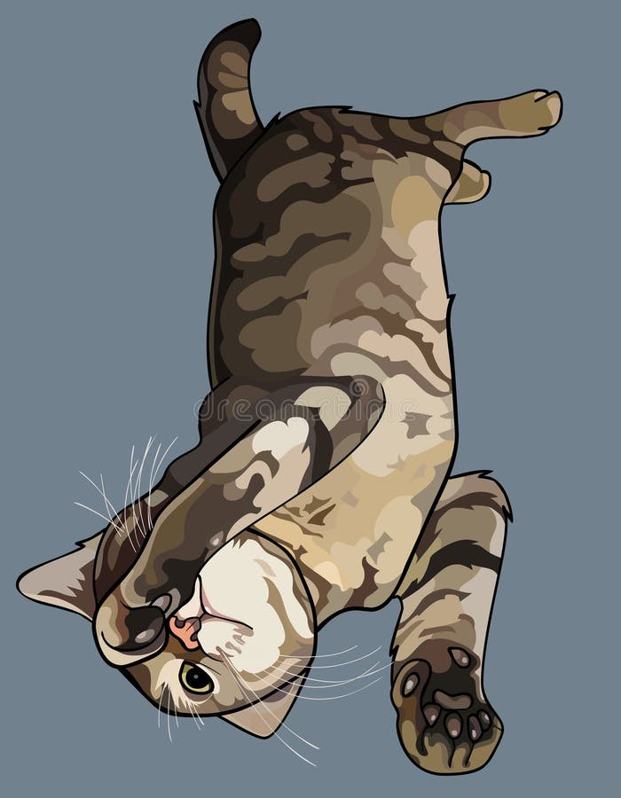 Cartoon striped gray cat lying down playing royalty free illustration
