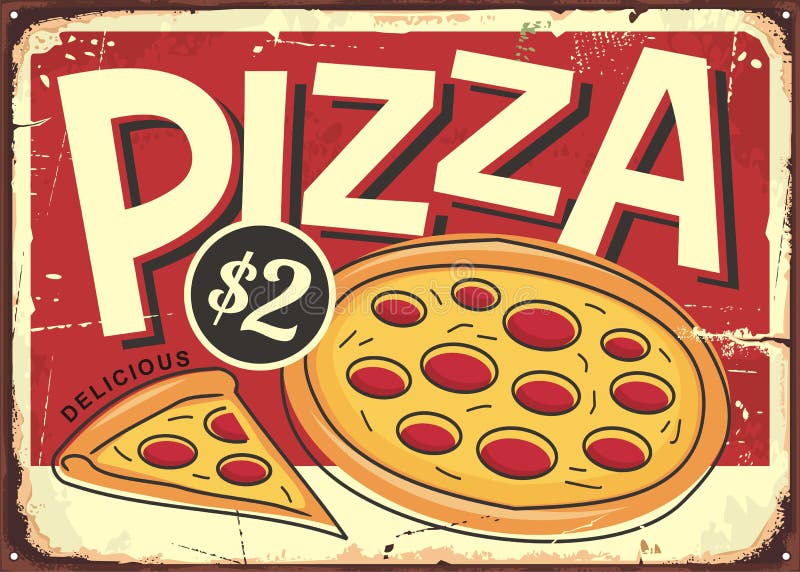 Cartoon style pizzeria sign with pepperoni pizza and pizza slice vector illustration