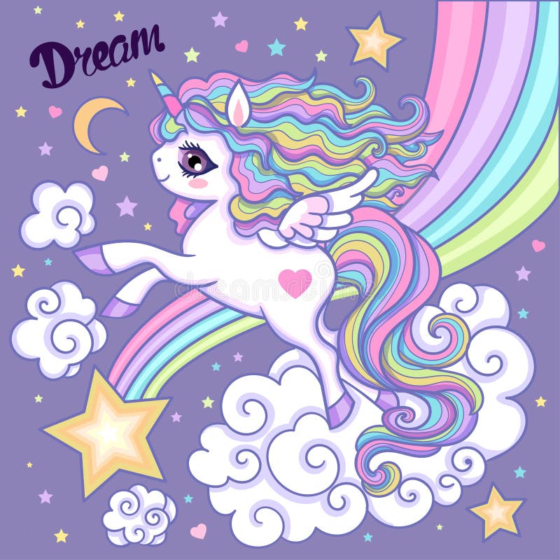 Cartoon unicorn. White, rainbow unicorn with a long mane. On a lilac background. Vector royalty free illustration Cartoon unicorn. White, rainbow unicorn with a long mane. On a lilac background. Vector royalty free illustration