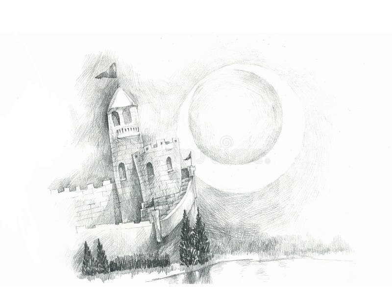 Castle and blue moon drawing illustration. Pencil drawing of castle at night with blue moon illustration stock illustration