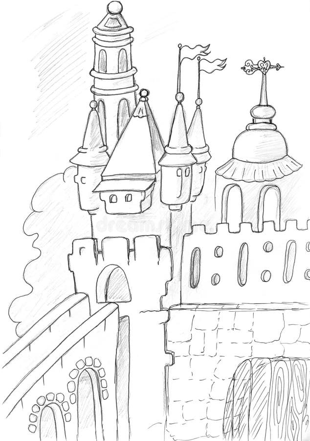 Castle sketch. Old medieval castle building sketch, pencil drawing royalty free illustration
