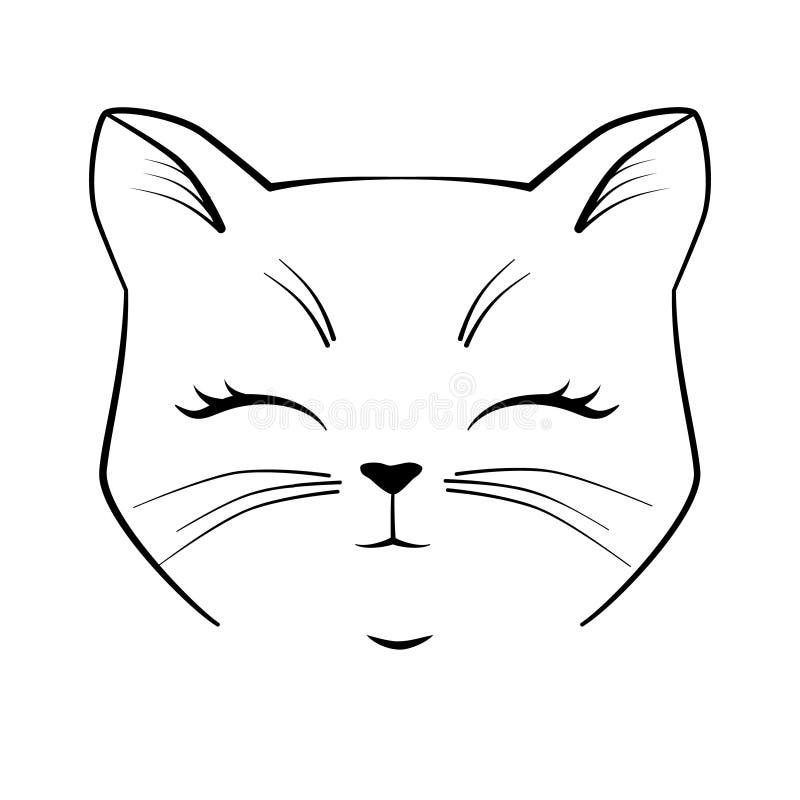 Cat cute face. Black outline drawing kitten character. Vector illustration for greeting card, invitation. Cat cute face. Black outline drawing kitten character vector illustration