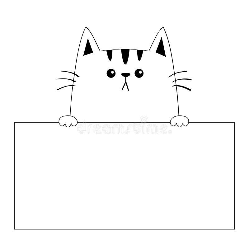 Cat face head silhouette hanging on paper board template. Paw hands. Contour line. Funny baby kitten. Cute cartoon kitty character. Love card. Kawaii animal stock illustration