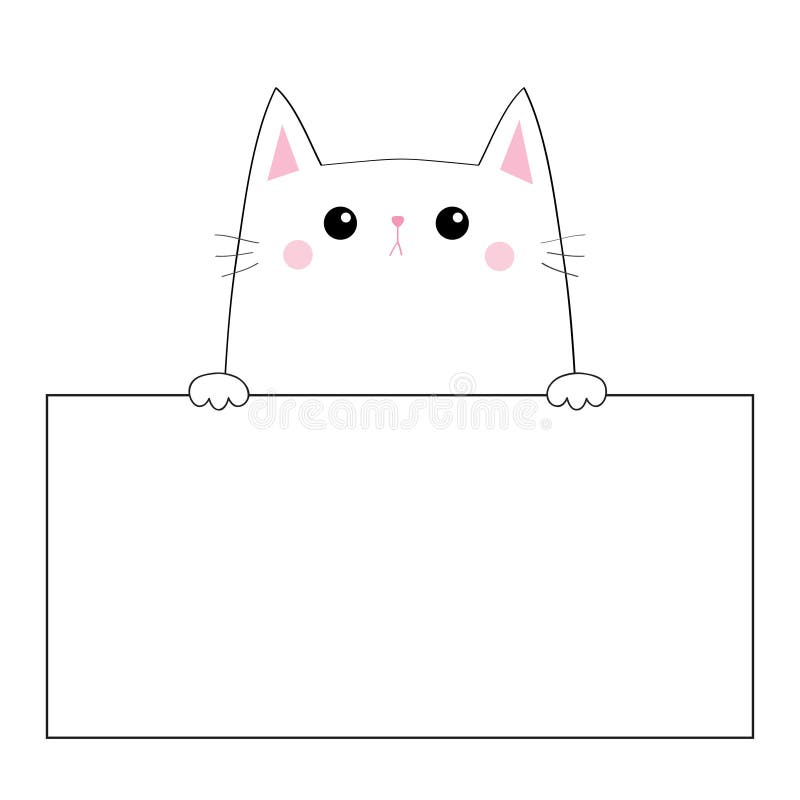 Cat face head silhouette hanging on paper board template. Pink cheeeks. Paw hands. Contour line. Funny baby kitten. Cute cartoon k. Itty character. Kawaii animal vector illustration