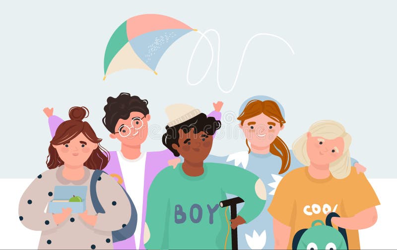 Cheerful friends teens and kite flying. Flat vector illustration with modern children in trendy clothes with backpacks, electro royalty free illustration Cheerful friends teens and kite flying. Flat vector illustration with modern children in trendy clothes with backpacks, electro royalty free illustration