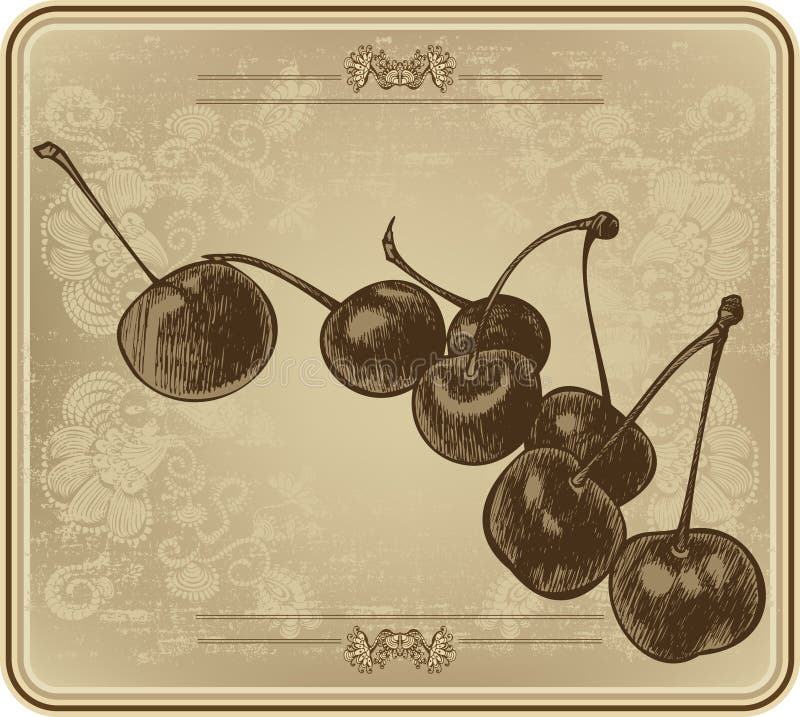 Cherries with vintage frame, hand-drawing. Vector illustration. Cherries with vintage frame, hand-drawing. Vector royalty free illustration