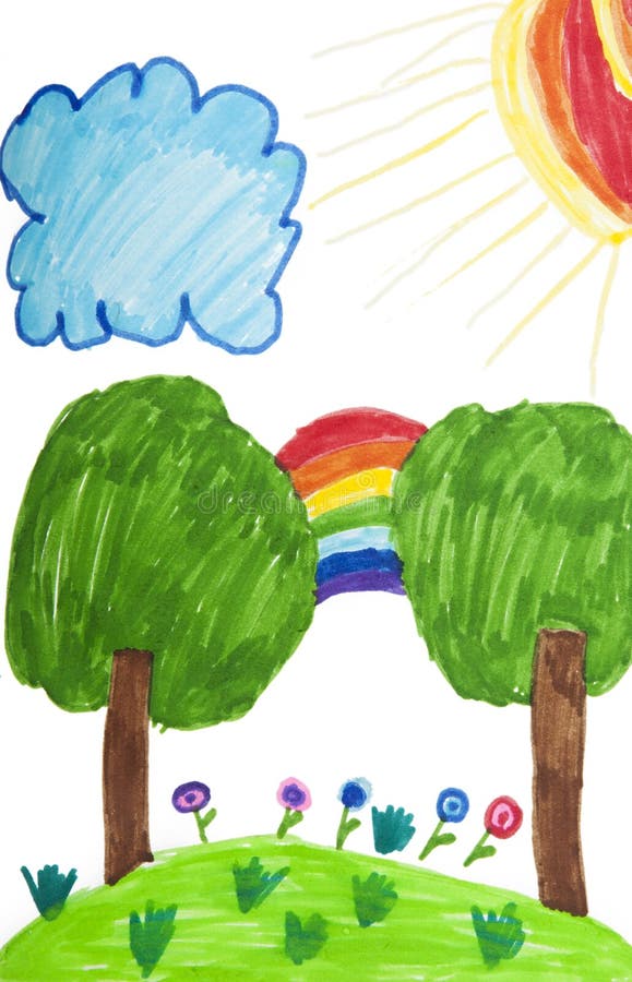 Child drawing. Country landscape with rainbow - Pencil stock photography