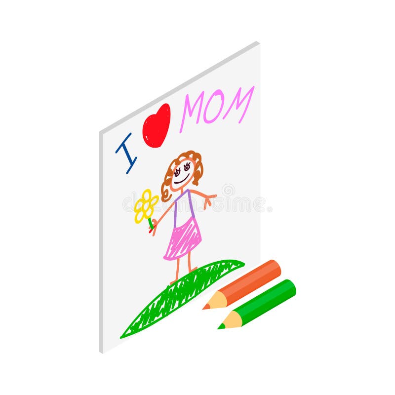 Child drawing of I love mom picture isometric icon. Child drawing of I love mom picture isometric 3d icon on a white background stock illustration