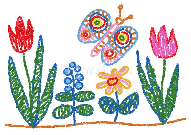 Child Drawing Styled Flowers and Butterfly vector illustration Child Drawing Styled Flowers and Butterfly vector illustration
