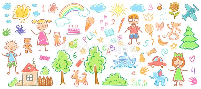 Child drawings. Kids doodle paintings, children crayon drawing and hand drawn kid vector illustration royalty free illustration