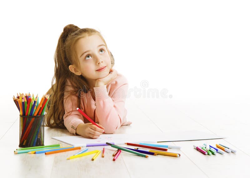 Child Education Concept, Kid Girl Drawing and Dreaming School. Lying down on White background stock images