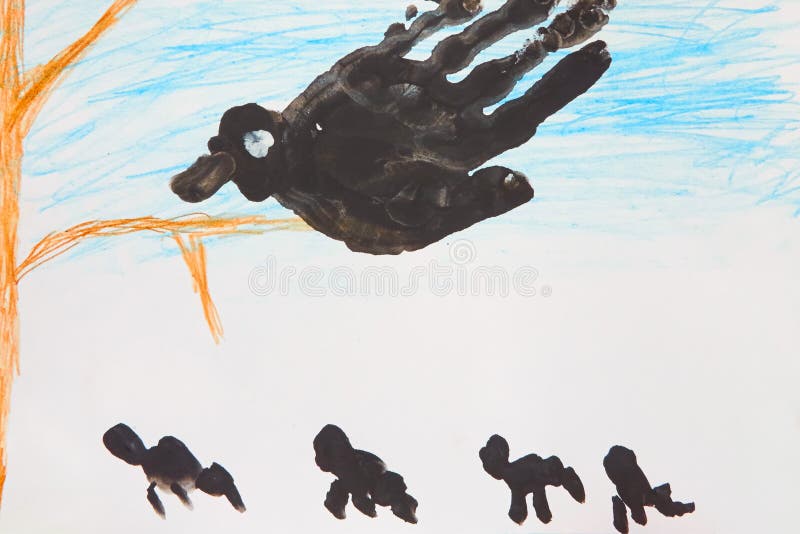 Child`s drawing of big black bird on tree royalty free illustration