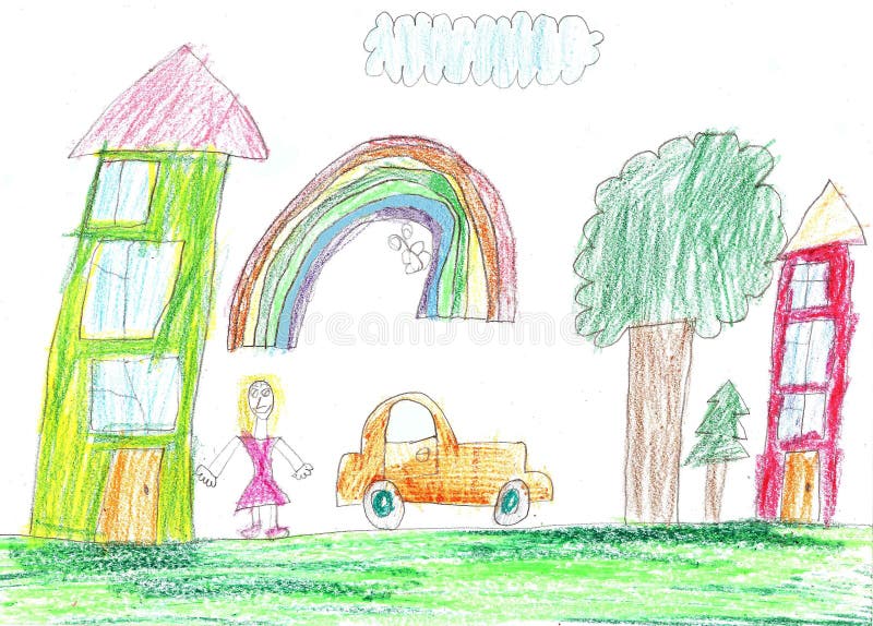 Child`s drawing. Car, tree and house. Children`s drawing of a car and a country house vector illustration