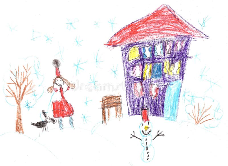 Child`s drawing.Children play with snow outside christmas tree.Vacation, holiday, New year, Christmas stock illustration