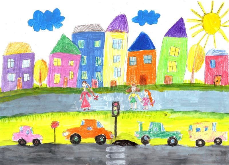 Child`s drawing happy family, building, car. Child`s drawing the lives of people in the city, building, car royalty free illustration
