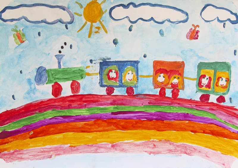 Child`s drawing of merry train traveling along rainbow in rain. Children`s art vector illustration Child`s drawing of merry train traveling along rainbow in rain. Children`s art vector illustration