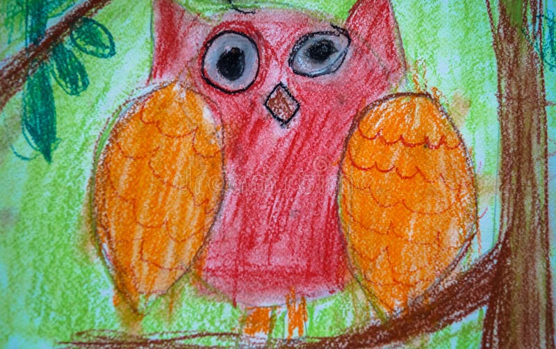 child`s drawing red owl sitting on tree branch royalty free illustration