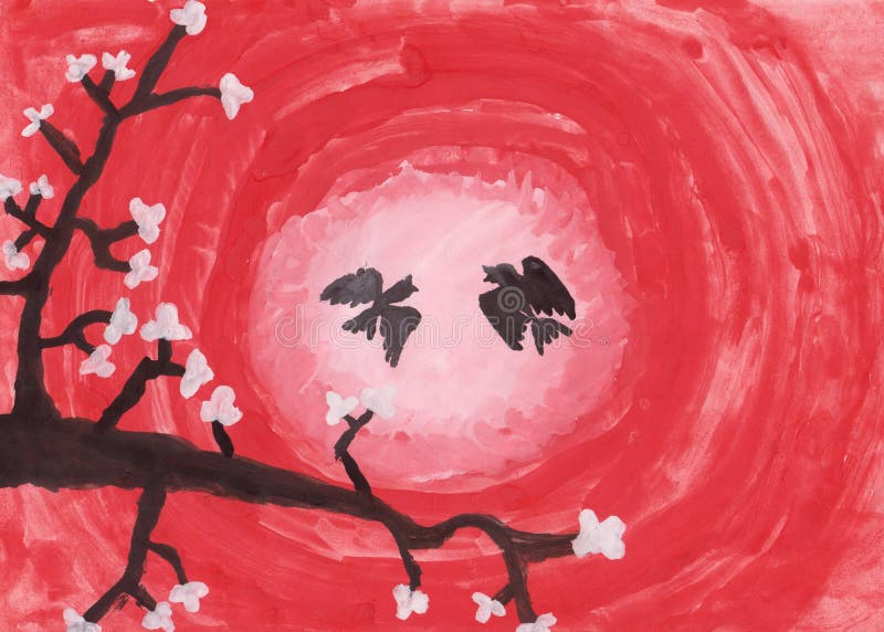 Child s drawing.Sakura.A branch of cherry blossoms with birds at sunset. Children`s gouache drawing branch of cherry blossoms with birds silhouette.Japanese royalty free illustration