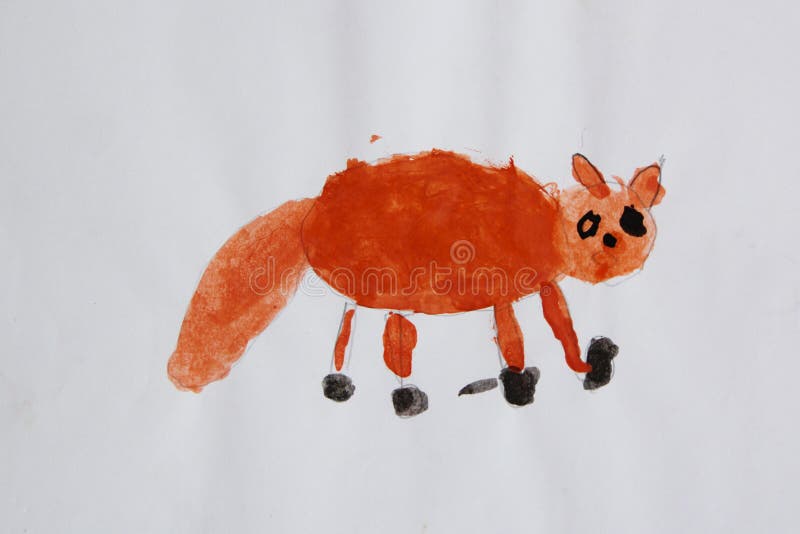 Childish drawing of funny red cat. Fantasy of child stock photo