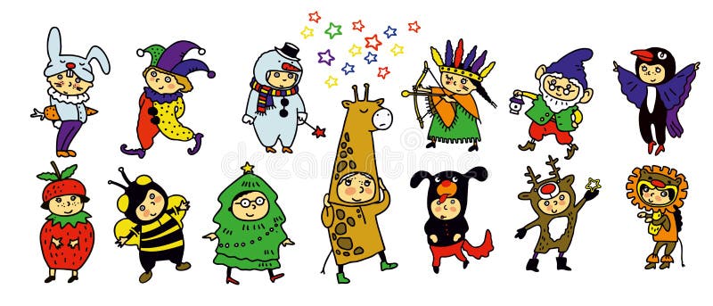 Children in Christmas costumes. Cheerful children celebrate Christmas and winter holidays. Cartoon New Year`s party costume . vector illustration
