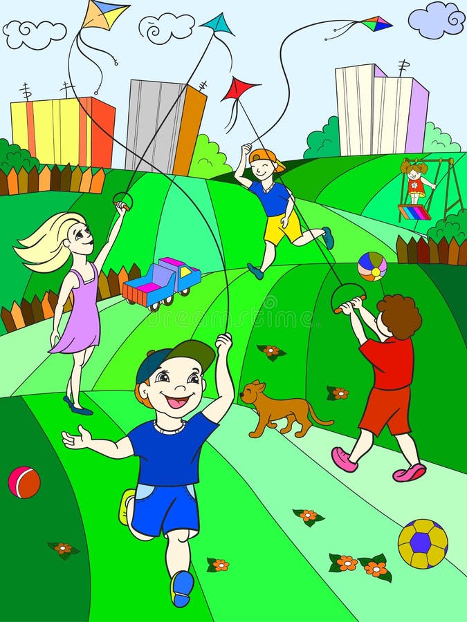 Children color game kite flying raster happy royalty free illustration Children color game kite flying raster happy royalty free illustration