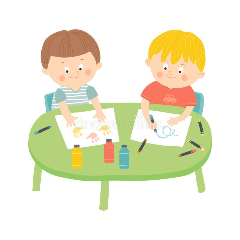 Children drawing in art class. Cartoon vector hand drawn eps 10 illustration isolated on white background in flat style. royalty free illustration Children drawing in art class. Cartoon vector hand drawn eps 10 illustration isolated on white background in flat style. royalty free illustration