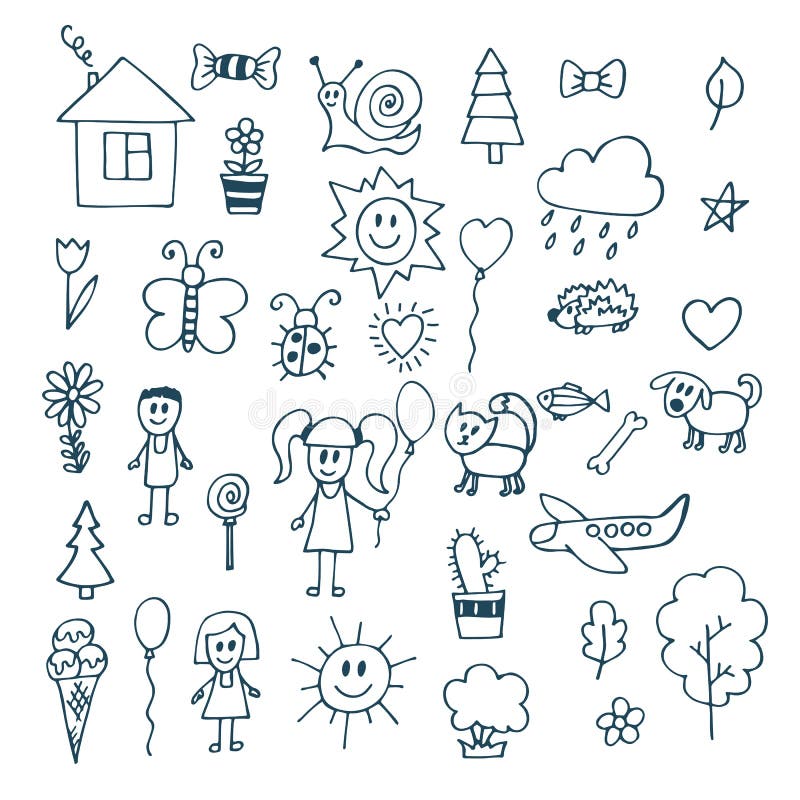 Children drawing. Doodle set of objects from a child