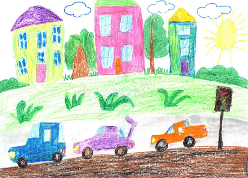 Children drawing of the Family travel, trip by car and bus. Happy family summer vacations. Tourism, Travel trip.Cartoon of Family traveling with car stock illustration