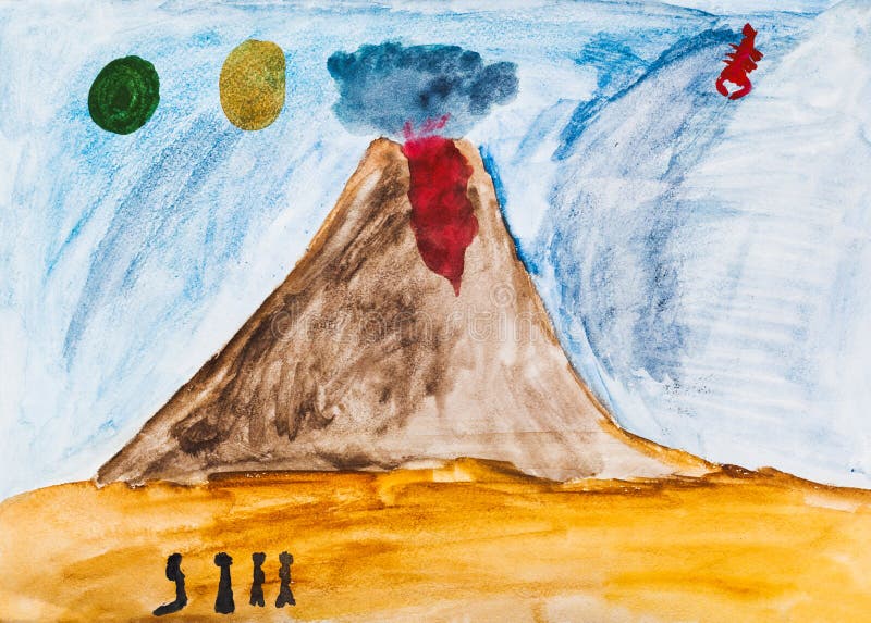 Children drawing - people near active volcano. In extraterrestrial world stock illustration