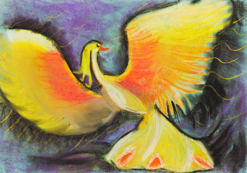 Children drawing - yellow phoenix. Children drawing - yellow fairytale phoenix stock illustration