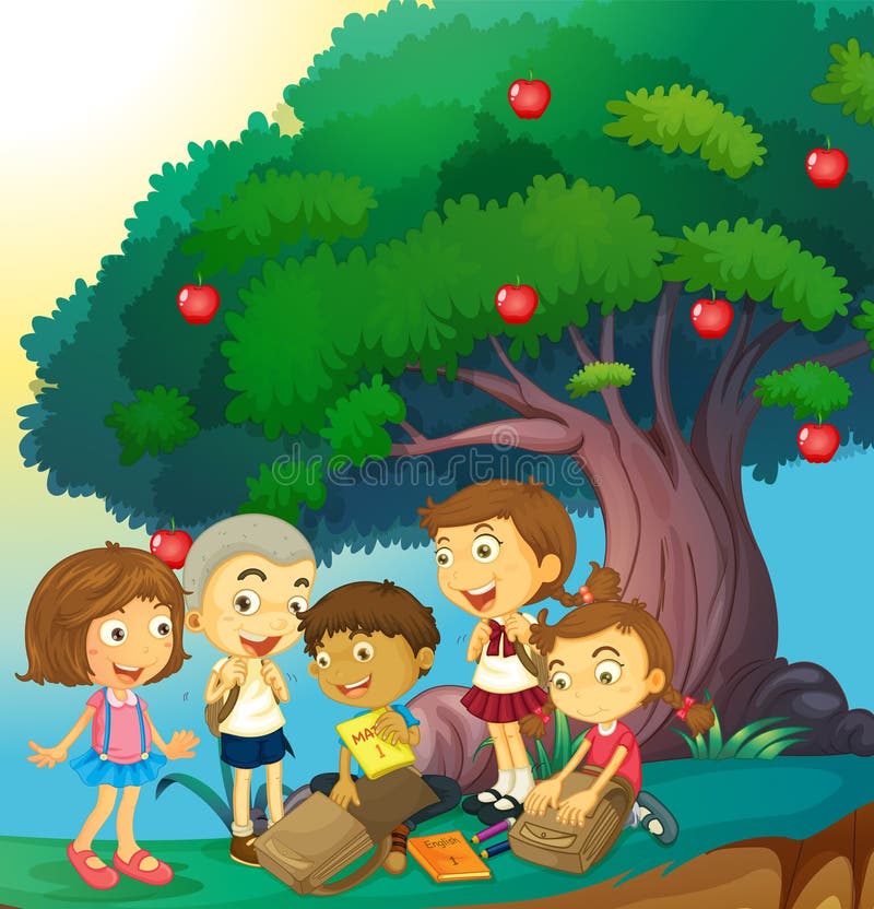 Children hanging out under the apple tree vector illustration
