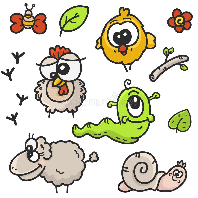 Children`s cartoon drawings set on the theme of the garden with the image of farm animals and plants. Sketch vector graphics color illustration on a white vector illustration