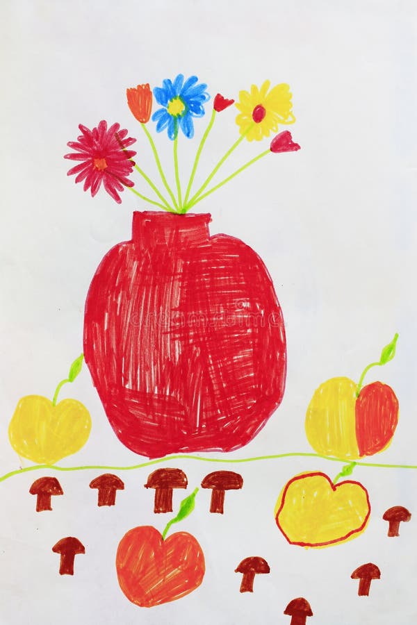 Children`s drawing with bouquet of flowers in vase and apples vector illustration