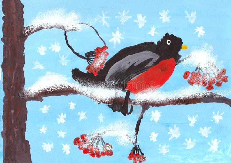 Children`s drawing of a bullfinch on a branch in winter, which pecks rowan. Gouache. royalty free illustration Children`s drawing of a bullfinch on a branch in winter, which pecks rowan. Gouache. royalty free illustration