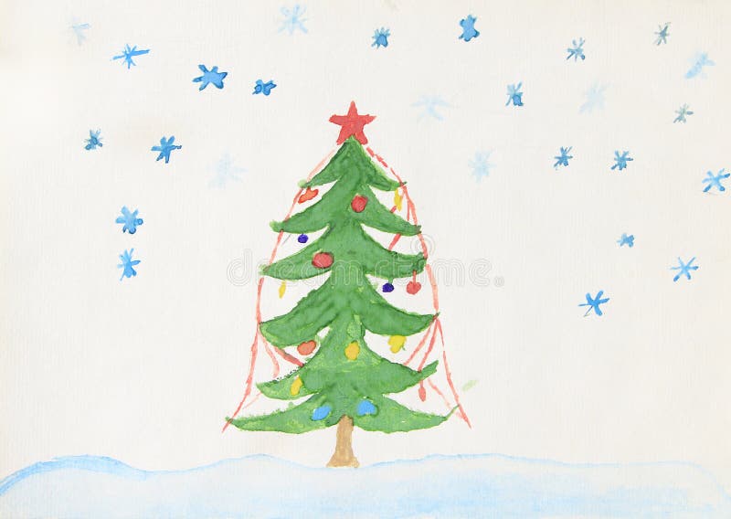 Children`s drawing decorated Christmas tree standing in snow stock illustration Children`s drawing decorated Christmas tree standing in snow stock illustration