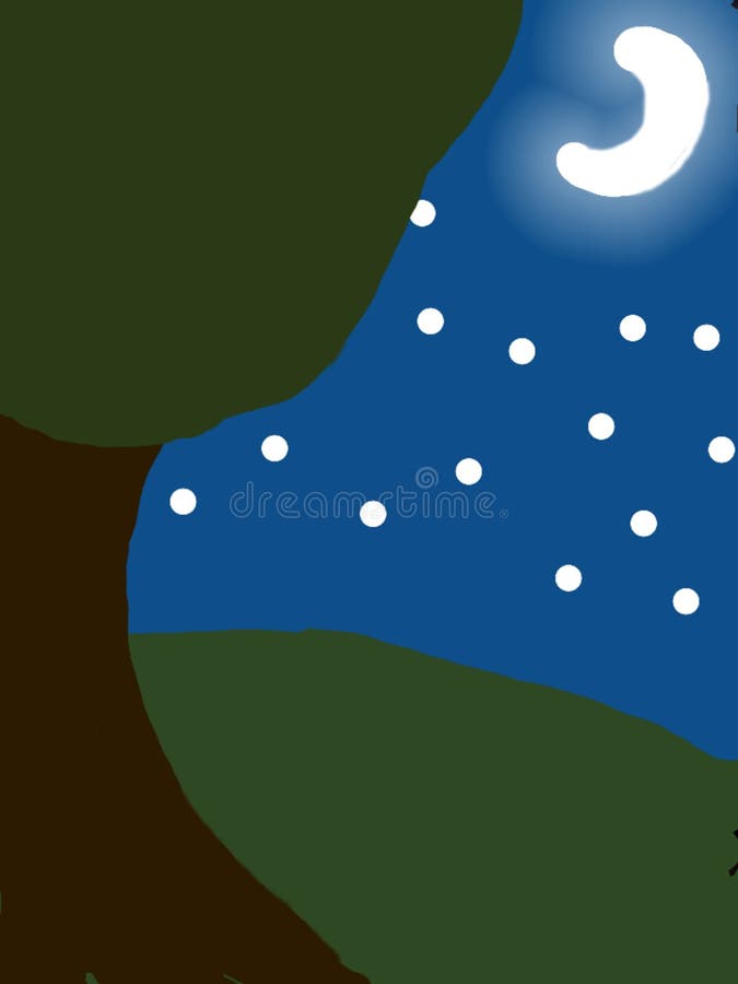 Children`s drawing by hand. Night in the forest. In the sky the stars Shine and the moon. In the foreground - a huge thick tree tr vector illustration Children`s drawing by hand. Night in the forest. In the sky the stars Shine and the moon. In the foreground - a huge thick tree tr vector illustration
