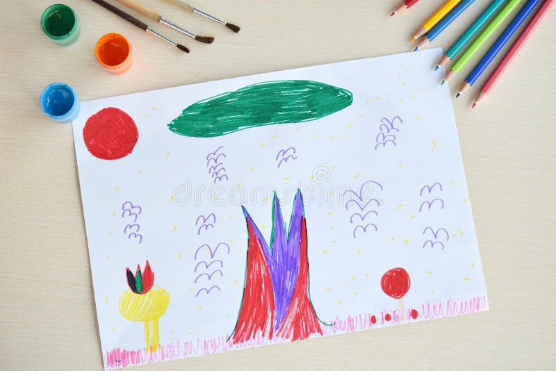 Childrens drawing: Magic world. Fantasy. Unusual colorful flowers, trees stock photography Childrens drawing: Magic world. Fantasy. Unusual colorful flowers, trees stock photography
