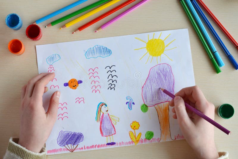 Children`s drawing: Magic world. Fantasy. Unusual colorful flowers, trees, fairies and animals stock photo