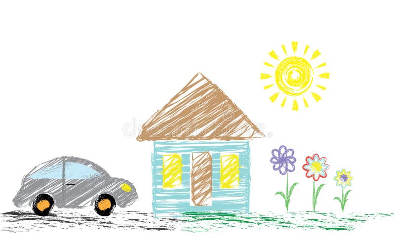Children s drawing pencil with a picture of a house, a car. It can be used as a background, wallpaper, for decoration. Vector illustration stock illustration
