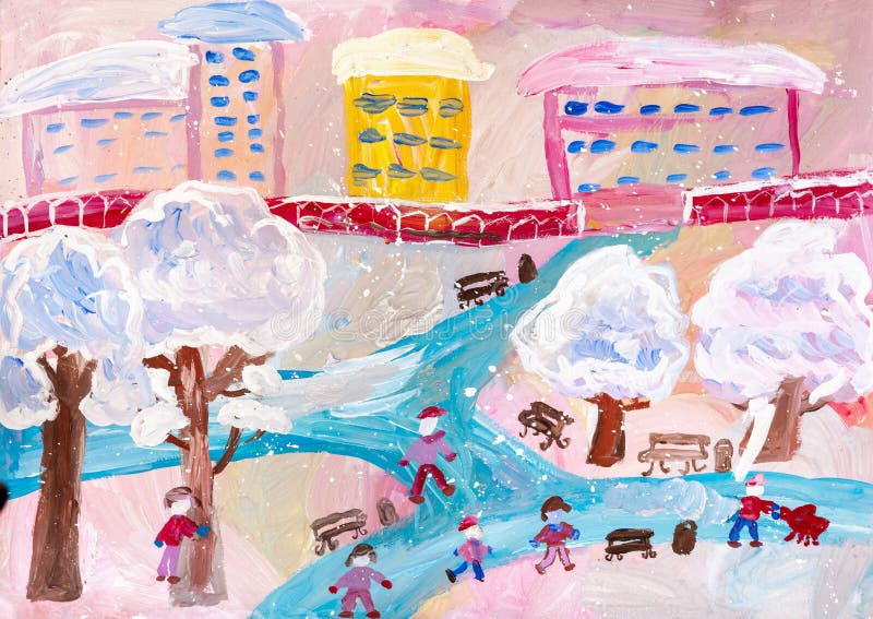 Children`s drawing. Children playing in winter city royalty free illustration Children`s drawing. Children playing in winter city royalty free illustration